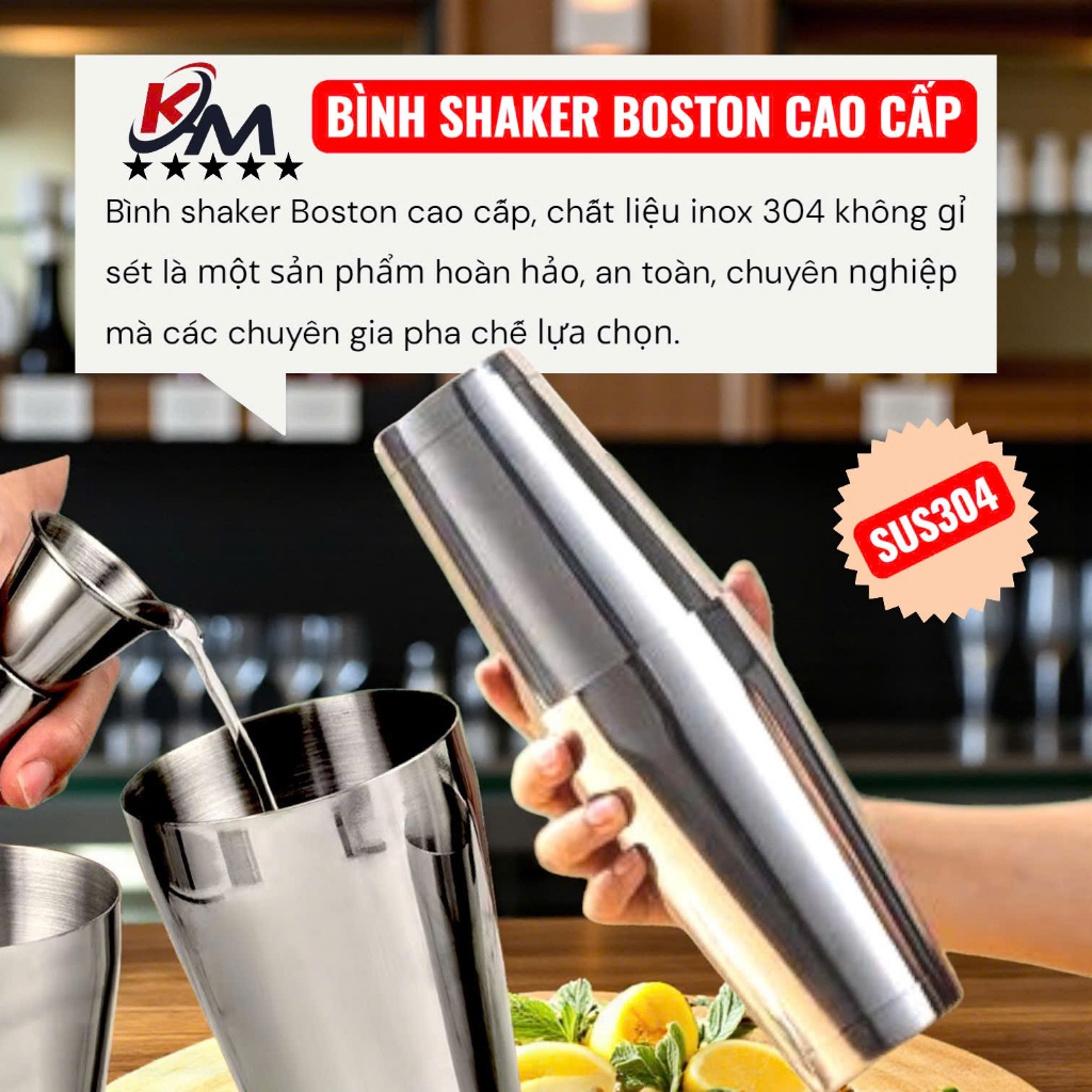 Bình shaker đôi Boston chuyên dụng pha chế rượu cao cấp bằng thép không ...