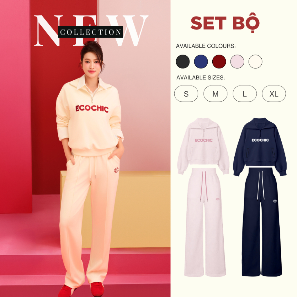 Set Bộ Dài ECOCHIC Áo Cổ Halfzip Logo Thêu Ngực Quần Suông Basic Dây Rút Chất Liệu Cao Cấp Chính Hãng B183