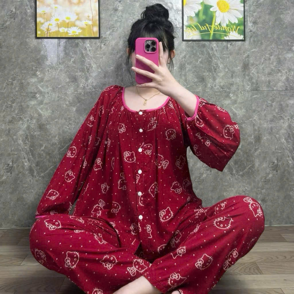 L921- Sét bộ tole, sét bộ nữ vải lanh đỏ, áo tay dài đính nút mix quần suông dài (40-62kg)