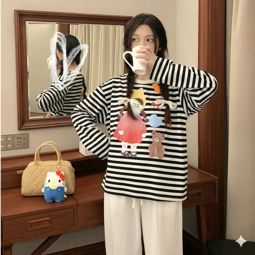 Sét bộ cotton dài tay phong cách hàn quốc mix quần thô cách điệu cute freesize <60kg