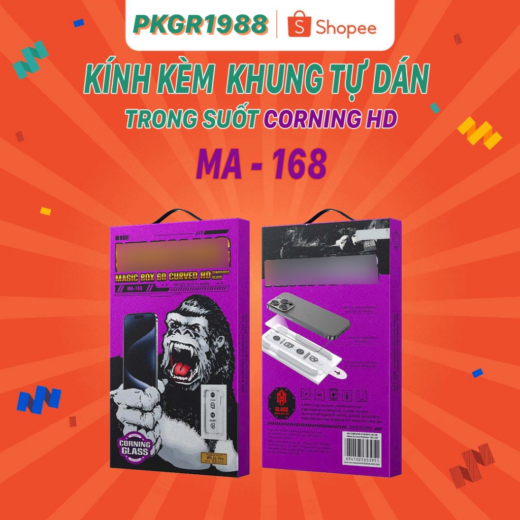 Kính Cường iPhone Corning HD Siêu Cứng,Khung Tự Dán WTP-068 cho 11 đến 17Pro Max