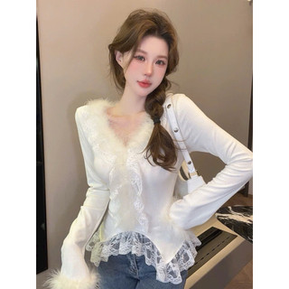 LT - Áo len nữ dài tay thu đông viền ren mix lông cổ v ôm body siêu sang 1432