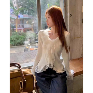LT - Áo len nữ dài tay thu đông viền ren mix lông cổ v ôm body siêu sang 1432