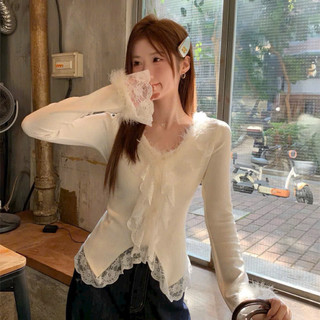 LT - Áo len nữ dài tay thu đông viền ren mix lông cổ v ôm body siêu sang 1432