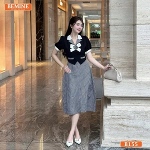 Đầm thiết kế BEMINE cổ vest phối caro dáng chữ A phù hợp đi làm-B155