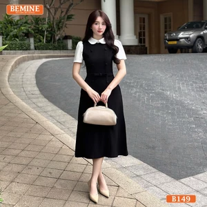 Đầm thiết kế BEMINE cổ sen phối tay ngắn đính cúc dáng chữ A phù hợp đi làm-B149