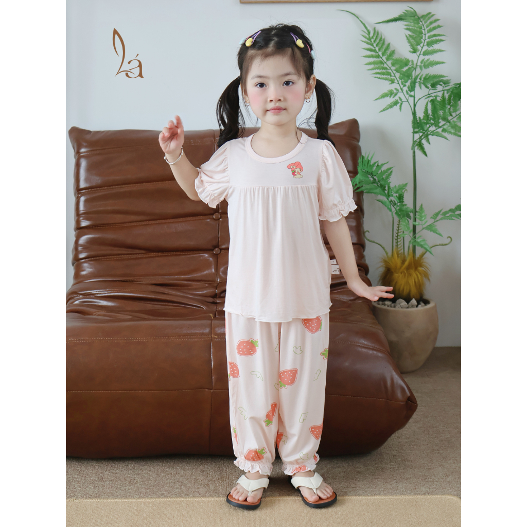 Bộ tay ngắn quần dài bé gái sợi sồi Modal Lá Homewear A310, đồ ngủ cộc tay cho bé quần bí