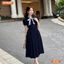 Đầm thiết kế BEMINE cổ trụ phối sọc nơ dáng chữ A phù hợp đi chơi-B162