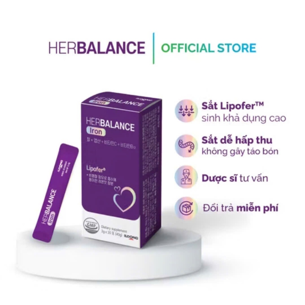 HerBalance Iron - Sắt Lipofer Thế Hệ Mới - bổ sung sắt Người lớn, phụ nữ có thai và cho con bú hộp 20 gói