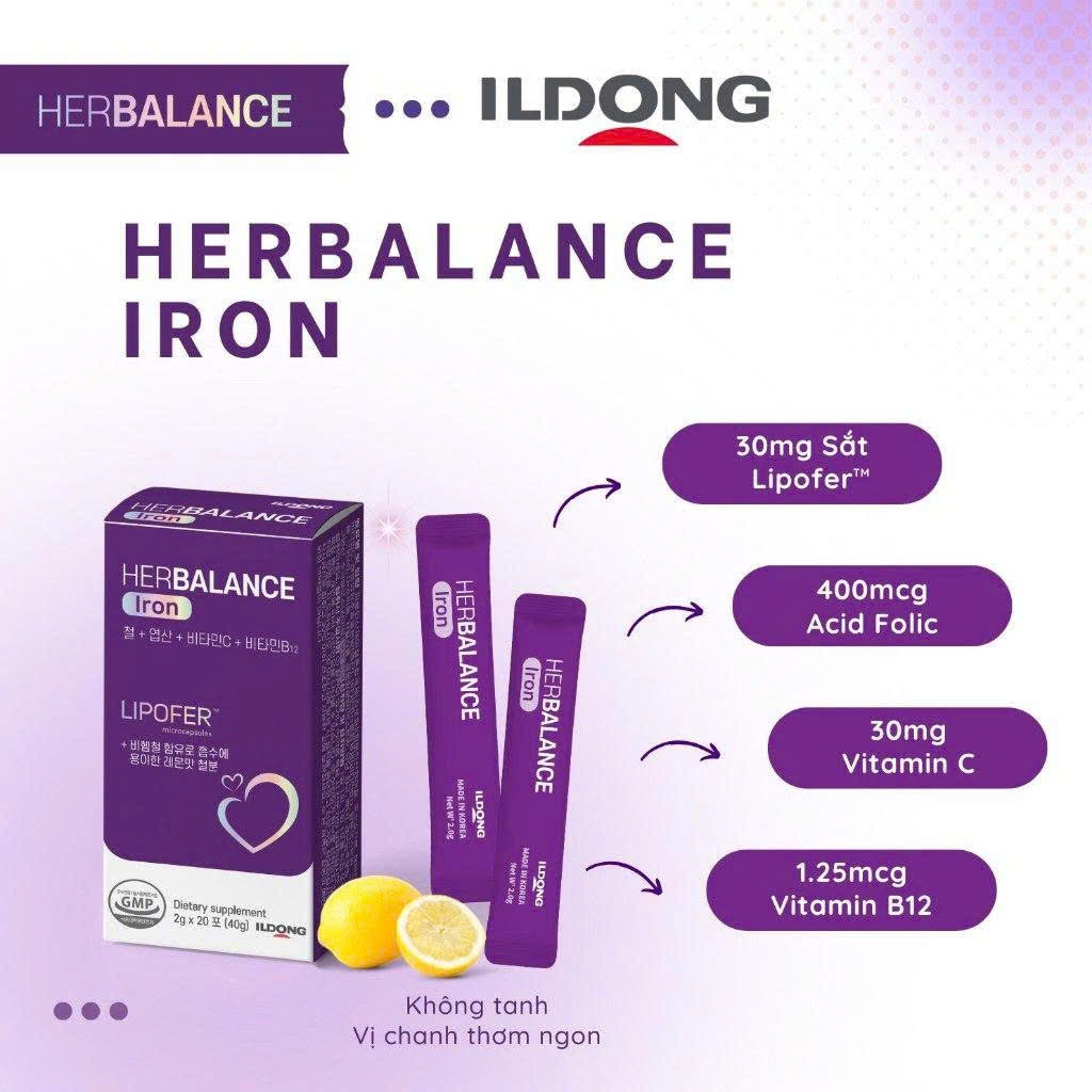HerBalance Iron - Sắt Lipofer Thế Hệ Mới - bổ sung sắt Người lớn, phụ nữ có thai và cho con bú hộp 20 gói