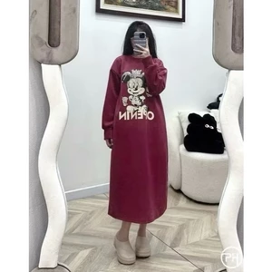 Đầm bầu dài tay thu đông bigsize không cổ váy nỉ suông dáng dài tay bo form rộng hình Mickey cute đen be đỏ T1433G