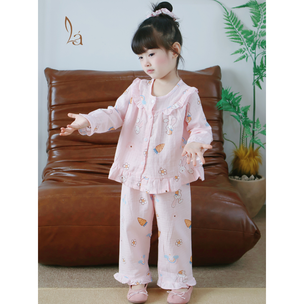 Pijama cho bé gái dài tay mặc ngủ điều hòa babydoll Áo Lá Homewear A254, đồ ngủ trẻ em vải xô cotton