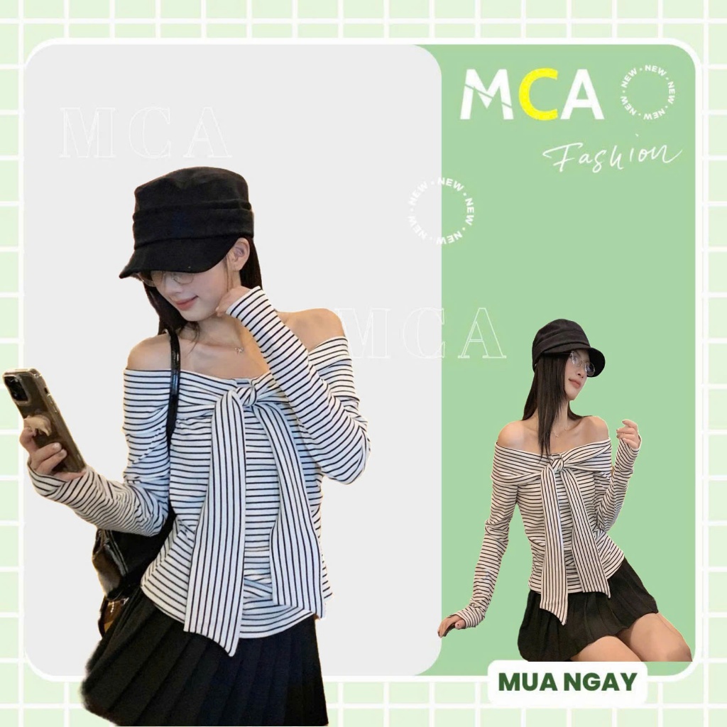 [ Video Sp Thực Tế ] Áo Kiểu Trễ Vai Tay Dài Kẻ Sọc MCA Kiểu Thắt Nơ Xoắn Ngực A51510