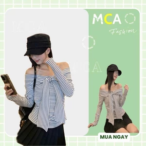 Áo Kiểu Trễ Vai Tay Dài Kẻ Sọc MCA Kiểu Thắt Nơ Xoắn Ngực A51510