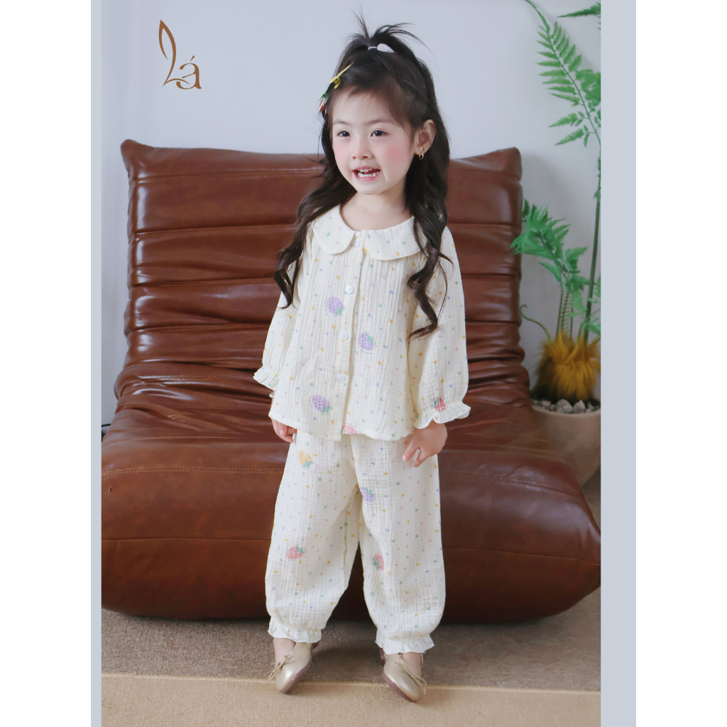 Bộ dài tay cho bé gái xô muslin A338, đồ ngủ cho bé babydoll hoa thỏ dễ thương, quần bo chun