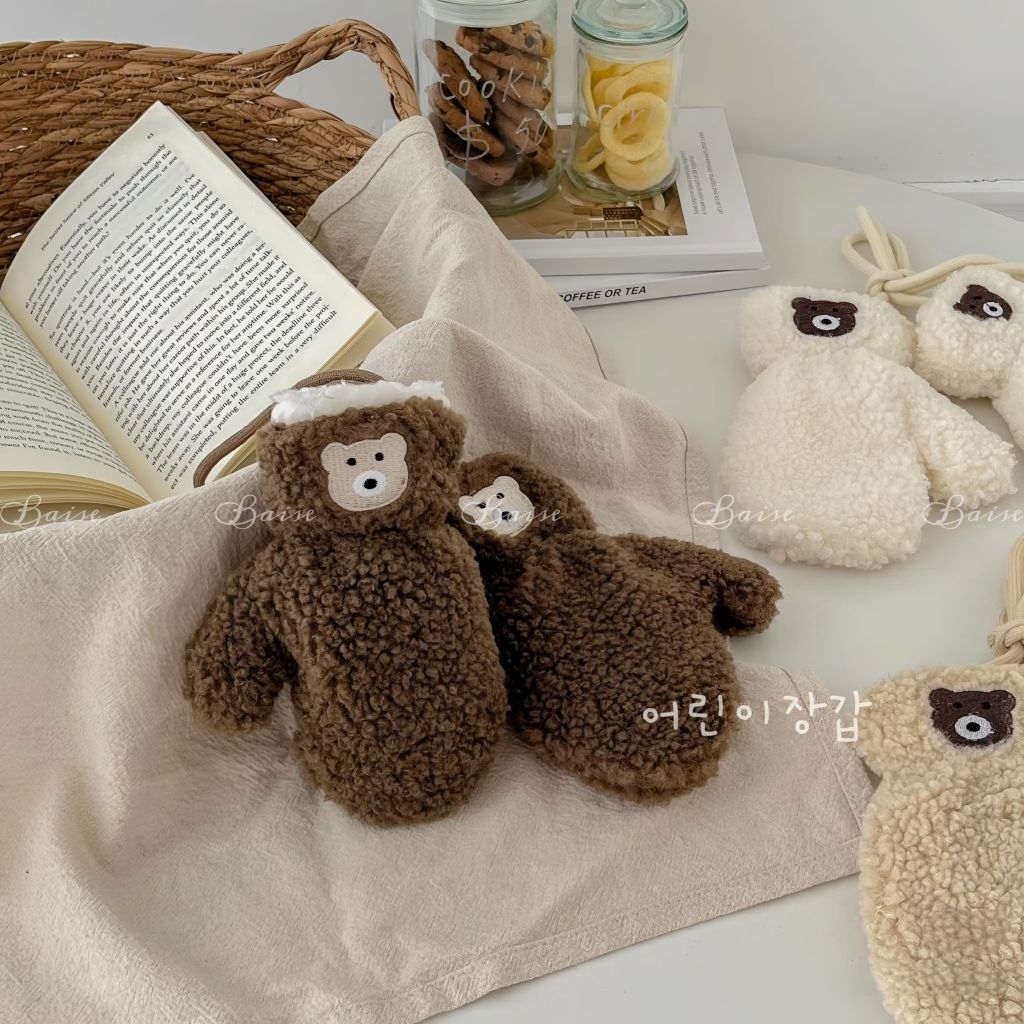Găng tay gấu bông lót lông cừu cho bé siêu ấm mùa đông – Bao tay len teddy phong cách Hàn Quốc bé trai bé gái