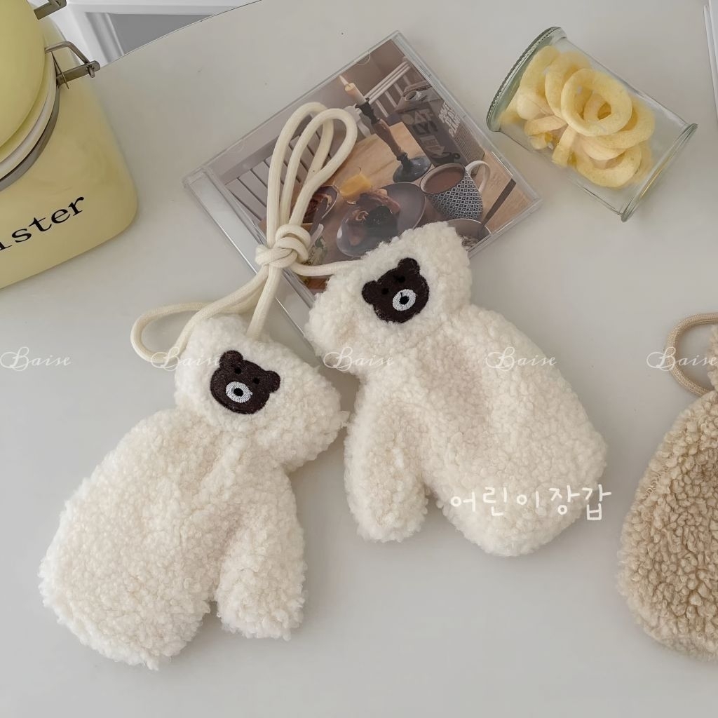Găng tay gấu bông lót lông cừu cho bé siêu ấm mùa đông – Bao tay len teddy phong cách Hàn Quốc bé trai bé gái