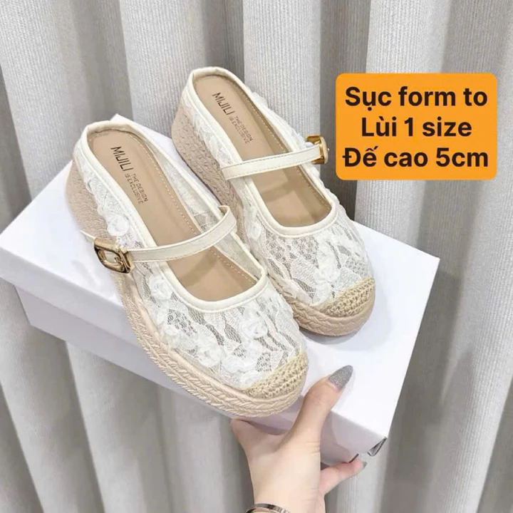 {Sẵn - SỤC LÙI Size} SỤC NỮ Giày Sục Nữ Vải Ren Hoa Đế Cao 5CM đế cao su không thấm nước vân cói cách đIệu 2528-5 SỤC