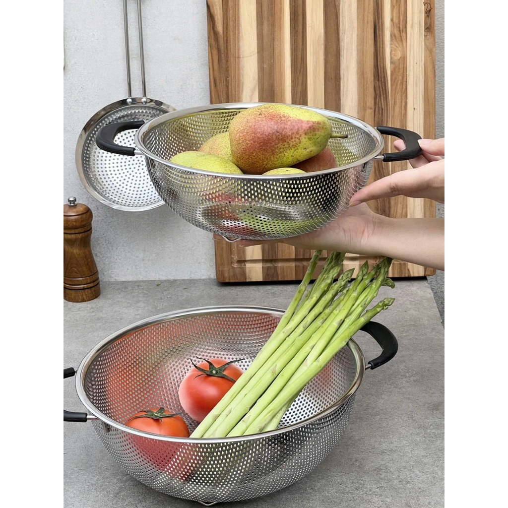 [KAIYO] Rổ inox liền khối 2 tay cầm có chân, rổ vẩy rau inox Kaiyo