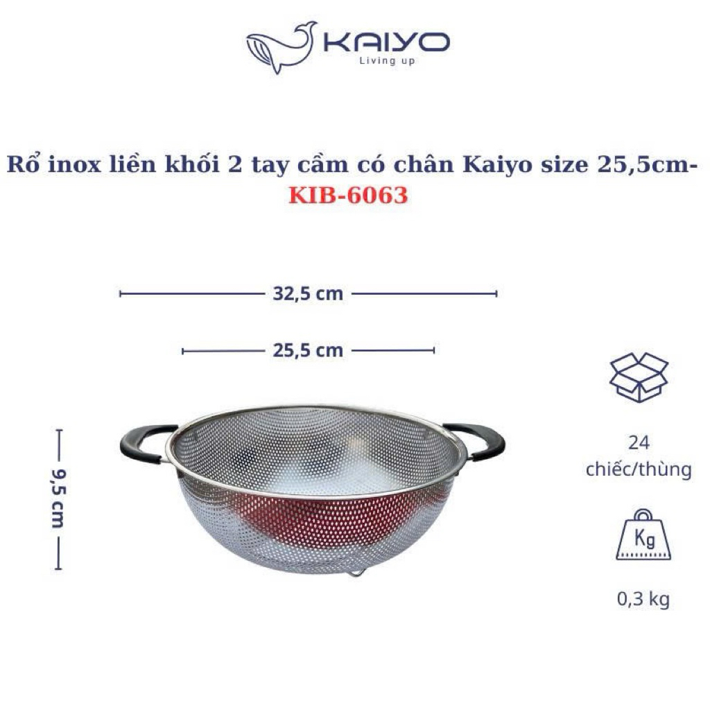 [KAIYO] Rổ inox liền khối 2 tay cầm có chân, rổ vẩy rau inox Kaiyo