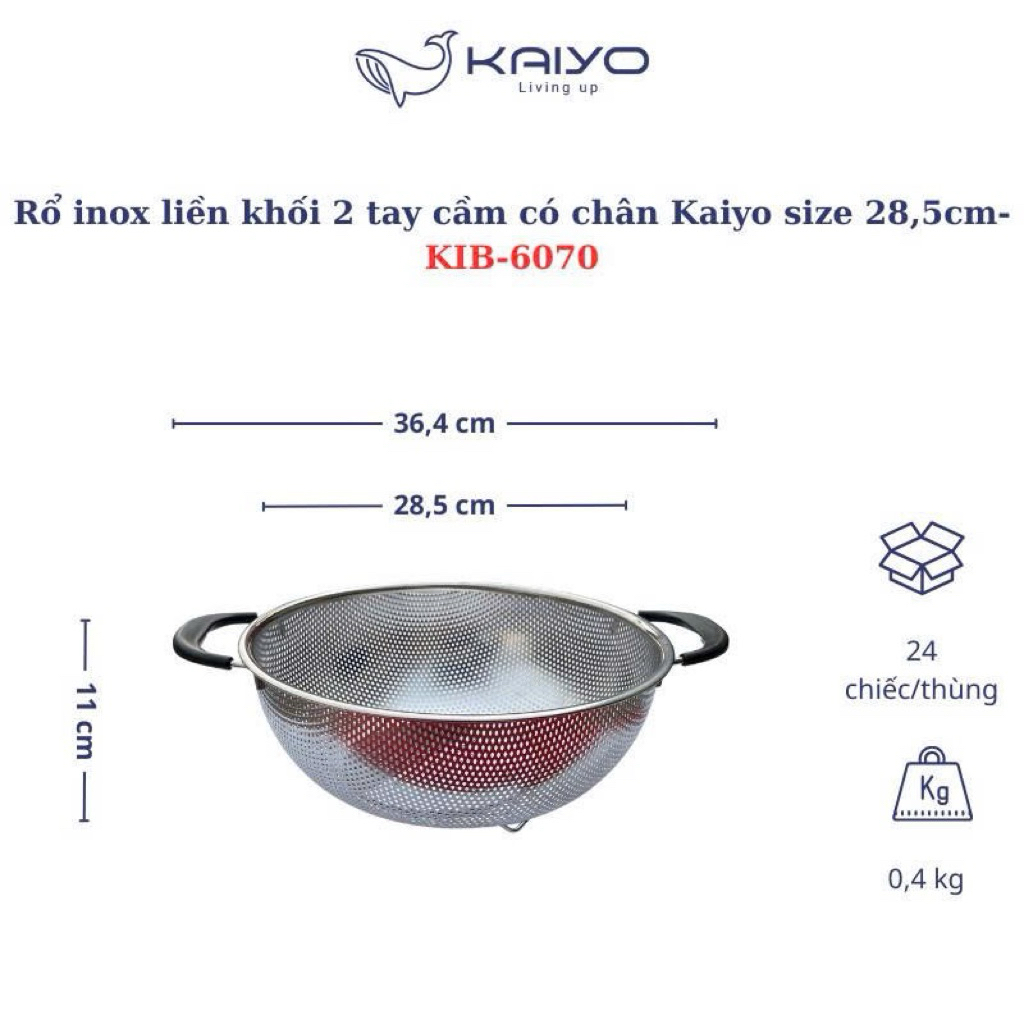 [KAIYO] Rổ inox liền khối 2 tay cầm có chân, rổ vẩy rau inox Kaiyo