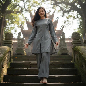 Pháp phục - Bộ Đồ Lam vạt hò form Ni nút thắt tà dài truyền thống chất vải linen cao cấp