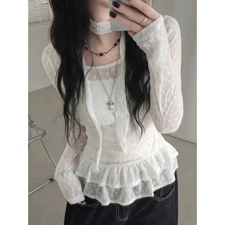 Áo Dài Tay Nữ CakeCat Nhún Eo Tầng Viền Ren Dáng Ôm Tôn Dáng Phong Cách Hàn Quốc