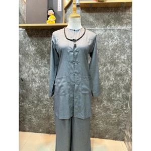 Bộ Đồ Lam Bà ba form Ni nút thắt tà dài truyền thống chất vải linen Ý cao cấp