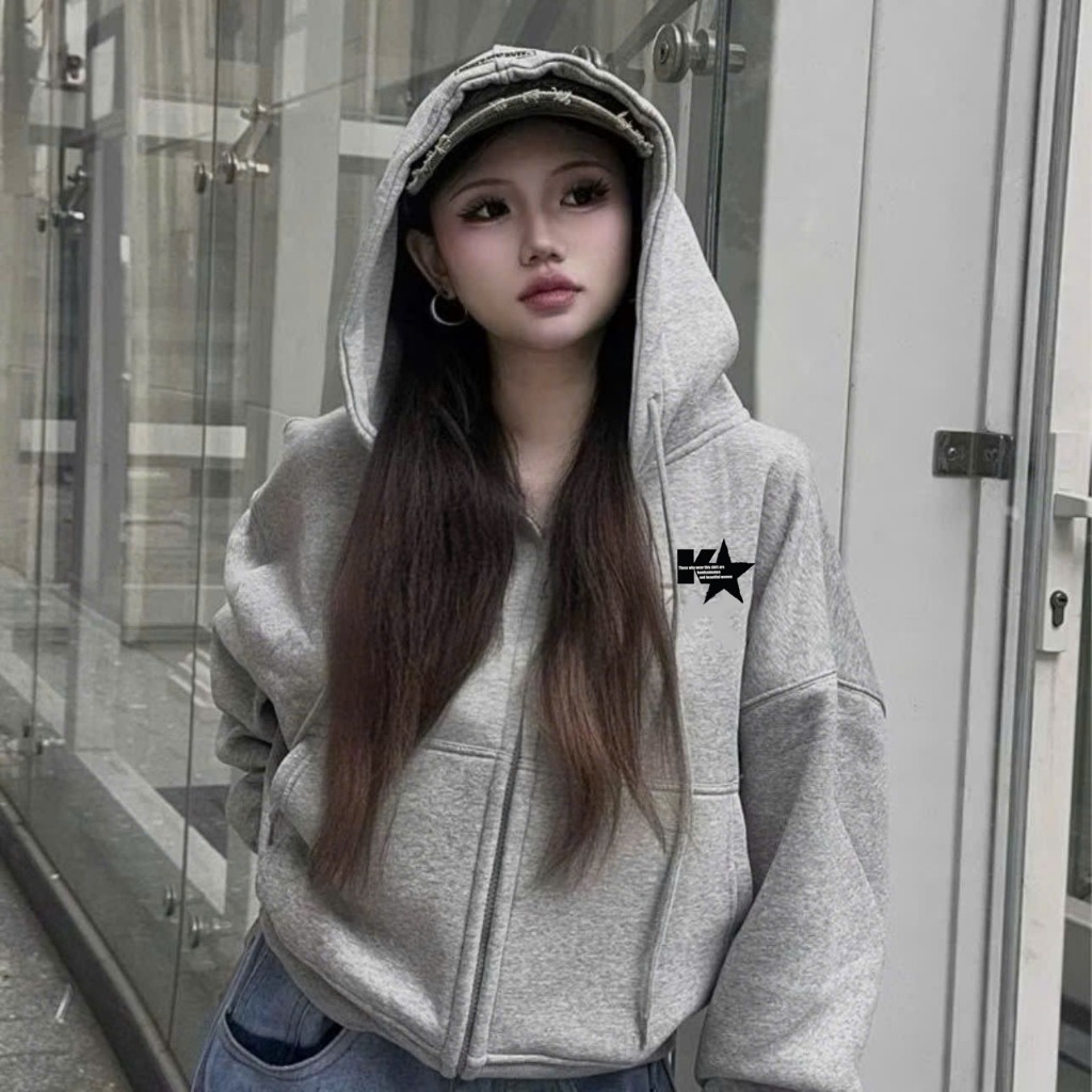 Áo Khoác Hoodie Zip Nỉ Bông In Hình Ngôi Sao Y2k Keeshy Form Basic Unisex Chất Liệu Dày Dặn Hàng Đẹp