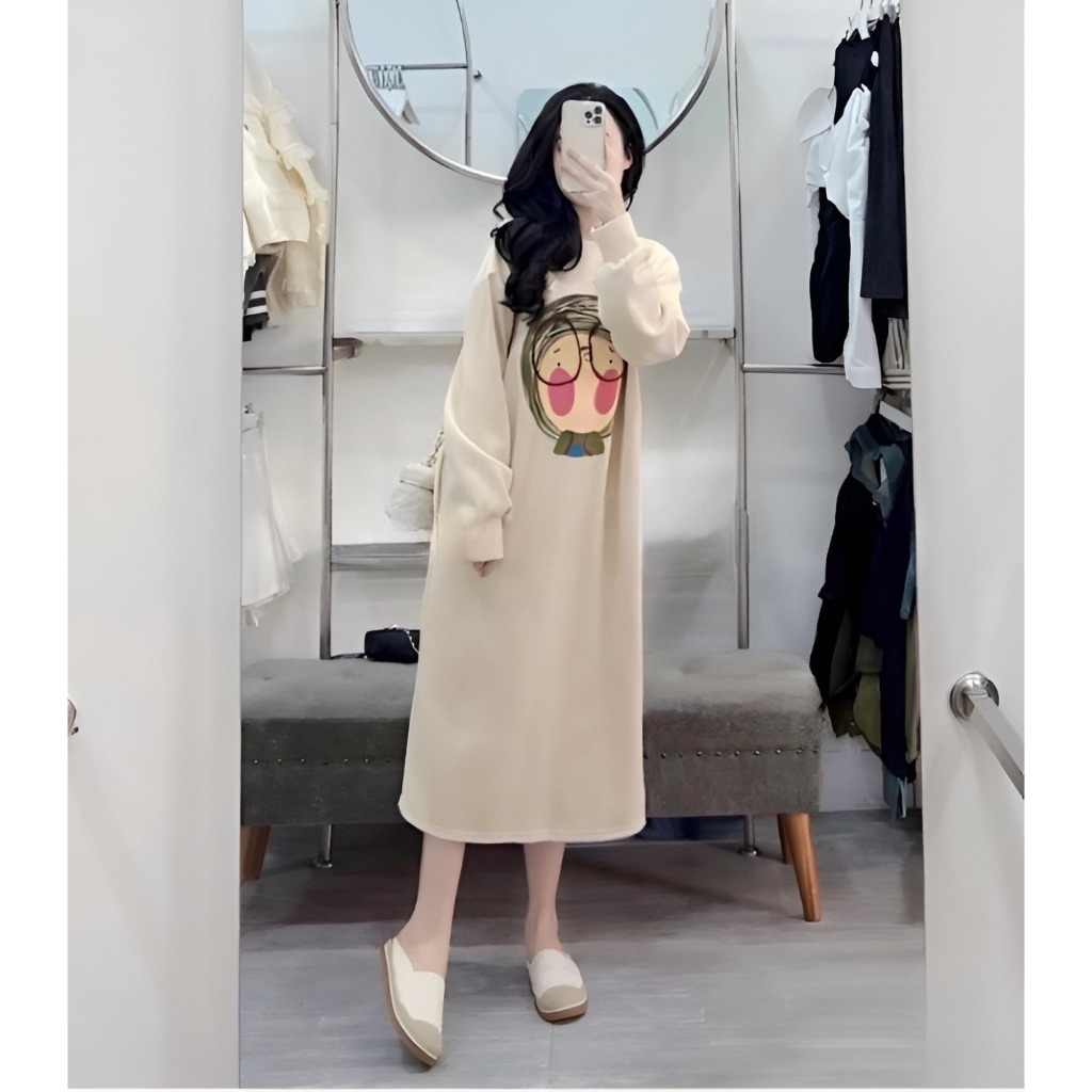 Đầm bầu suông dài tay dáng dai form rộng hình cô bé đeo kính đen be tím bigsize thu đông ấm áp xinh T1431G