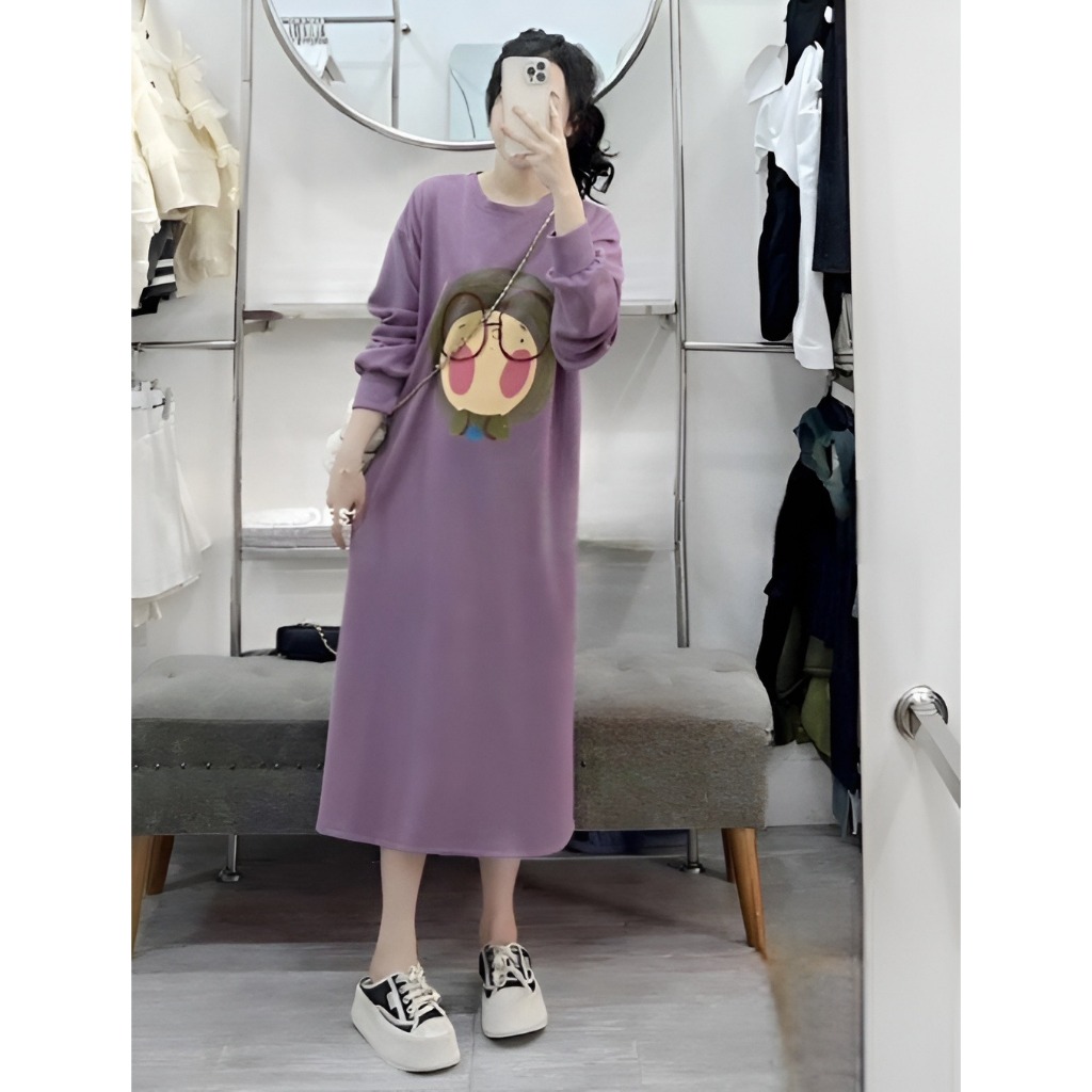 Đầm bầu suông dài tay dáng dai form rộng hình cô bé đeo kính đen be tím bigsize thu đông ấm áp xinh T1431G