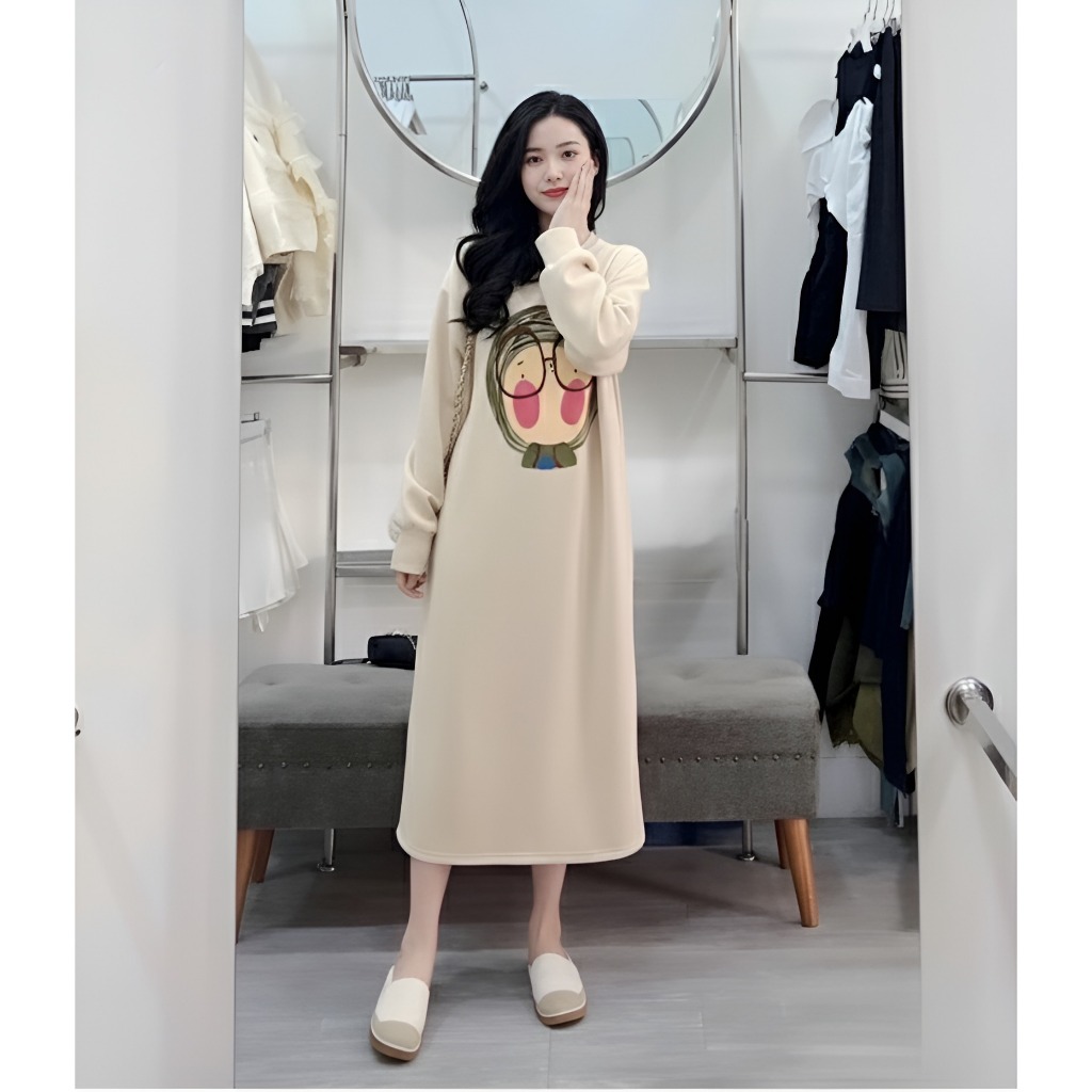 Đầm bầu suông dài tay dáng dai form rộng hình cô bé đeo kính đen be tím bigsize thu đông ấm áp xinh T1431G
