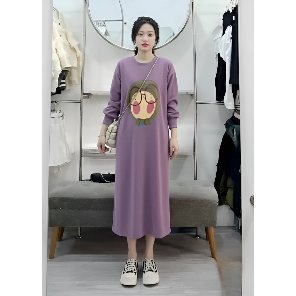 Đầm bầu suông dài tay dáng dai form rộng hình cô bé đeo kính đen be tím bigsize thu đông ấm áp xinh T1431G