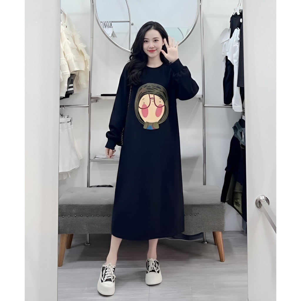 Đầm bầu suông dài tay dáng dai form rộng hình cô bé đeo kính đen be tím bigsize thu đông ấm áp xinh T1431G