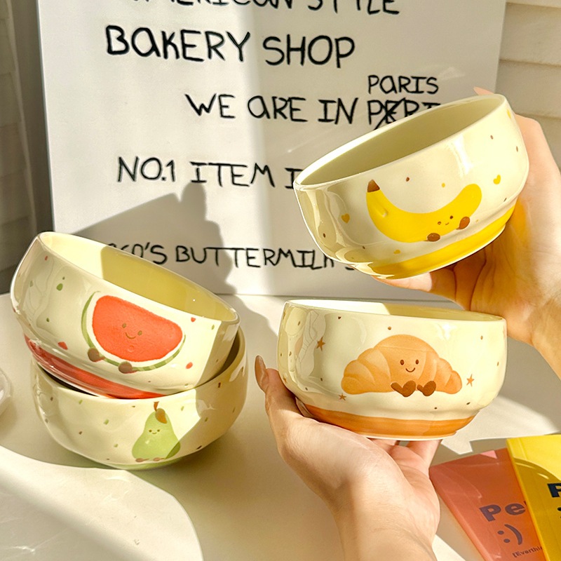 Chén cơm, bát cơm dễ thương gốm sứ TA Thành Anh họa tiết quả và bánh tráng men an toàn BAC01