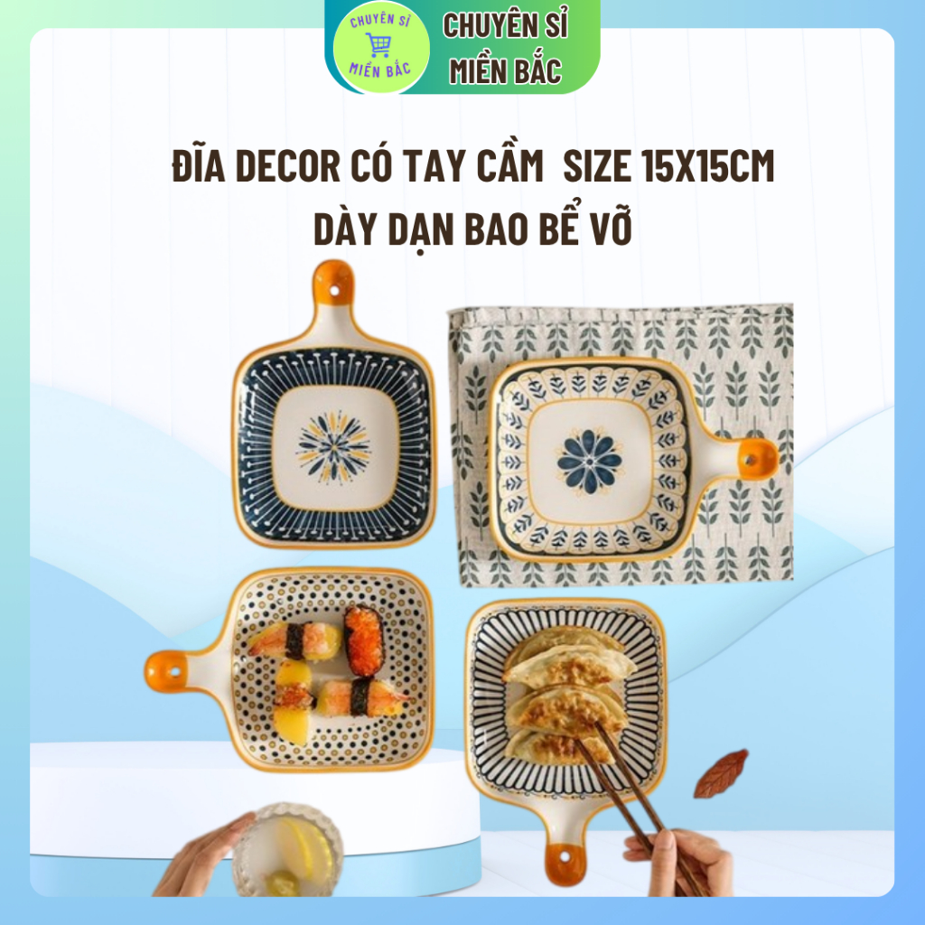 Đĩa Decor Có Tay Cầm  size 15x15cm Bắc Âu Scandinavia, Khay Sứ Vuông Tay Cầm Cao Cấp