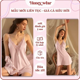 [REN GỢI CẢM - FORM ĐỒNG HỒ] Váy Ngủ Lụa Phối Ren Hai Dây Xẻ Ngực Cổ V Hở Lưng Honey Wear Sang Trọng A103