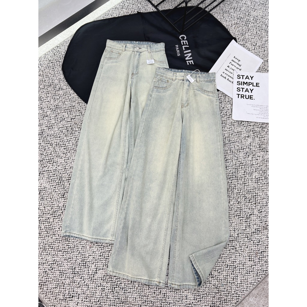 Quần jeans ống rộng Joolate màu xanh bạc ánh rêu hơi loe nhẹ lên dáng đẹp 7599 P12K10