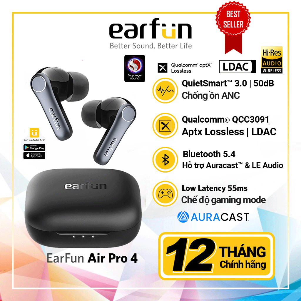 Tai nghe bluetooth Earfun Air Pro 4 bluetooth 5.4 chống ồn Ultra ANC 50dB âm LDAC