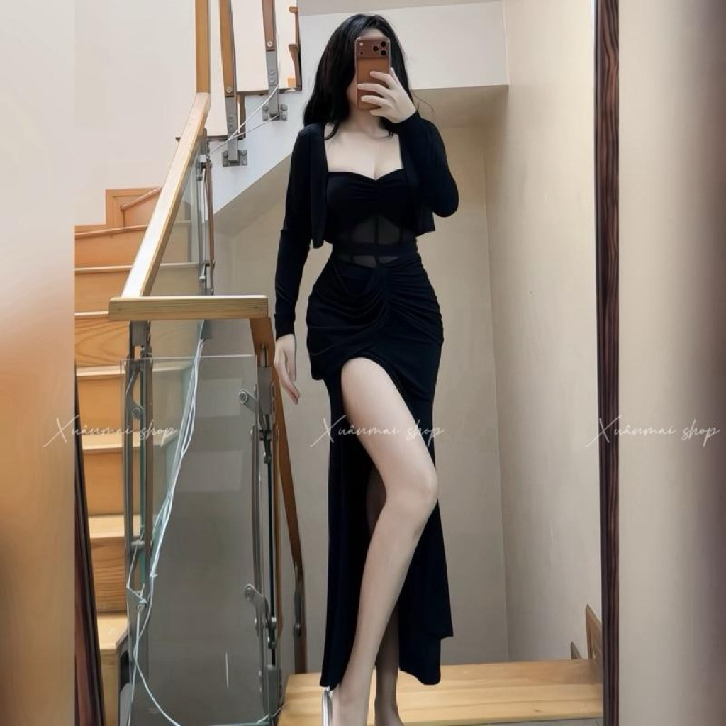 [Eo Lưới] Đầm 2 dây eo phối lưới xẻ tà đệm mút nhúm bụng đen đỏ Xuân Mai Shop