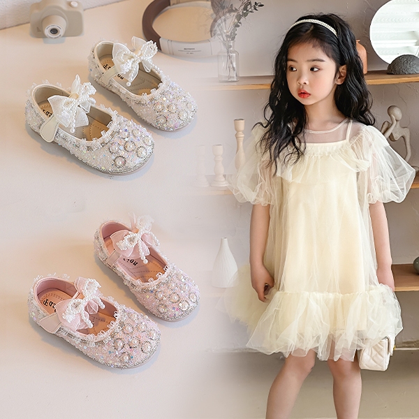 Giày nữ trẻ em ngọc trai sáng bóng thời trang sang trọng kiểu công chúa dễ thương