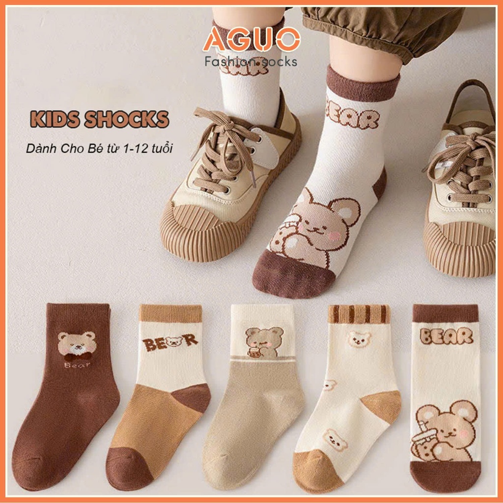 Tất trẻ em set 5 đôi họa tiết gấu sữa dễ thương, chất liệu cotton co giãn mềm mại - Aguo shop