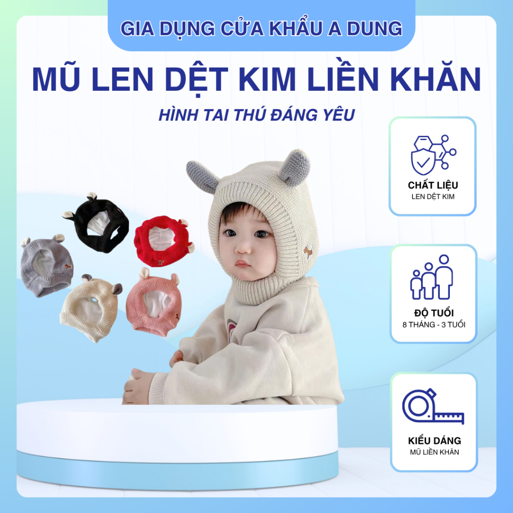 Mũ Len Dệt Kim Liền Khăn Hình Tai Thú Đáng Yêu Siêu Ấm Cho Bé Mùa Đông Quà Tặng Giáng Sinh Noel Cho Bé
