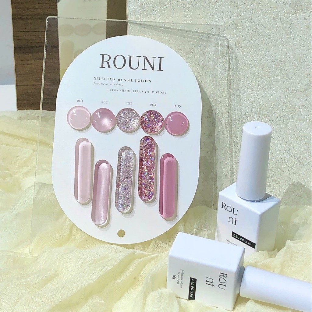 Set sơn Rouni 5 màu tone hồng với sự kết hợp của mắt mèo và nhũ hạt to, màu sắc thịnh hành, tôn da, từ màu thường nâng c