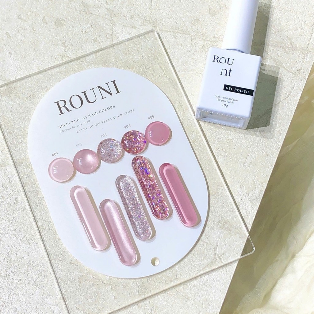 Set sơn Rouni 5 màu tone hồng với sự kết hợp của mắt mèo và nhũ hạt to, màu sắc thịnh hành, tôn da, từ màu thường nâng c