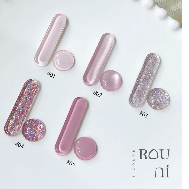 Set sơn Rouni 5 màu tone hồng với sự kết hợp của mắt mèo và nhũ hạt to, màu sắc thịnh hành, tôn da, từ màu thường nâng c