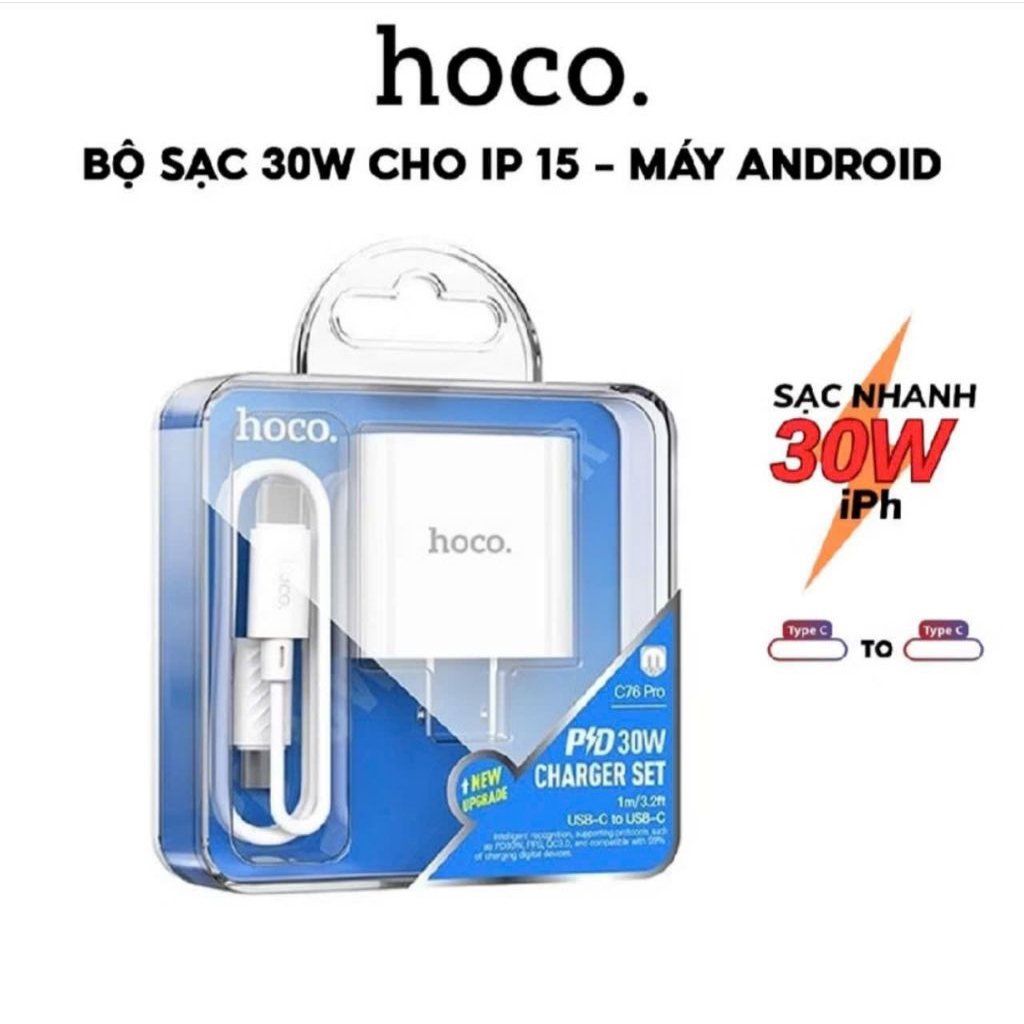 Bộ sạc nhanh 30W Hoco C76 Pro type-c to type-c. bao gồm 1 củ + 1 cáp sạc nhanh 30w