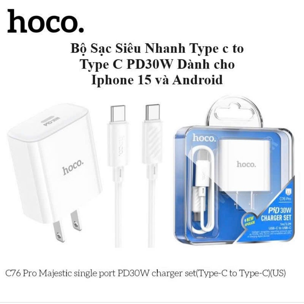 Bộ sạc nhanh 30W Hoco C76 Pro type-c to type-c. bao gồm 1 củ + 1 cáp sạc nhanh 30w
