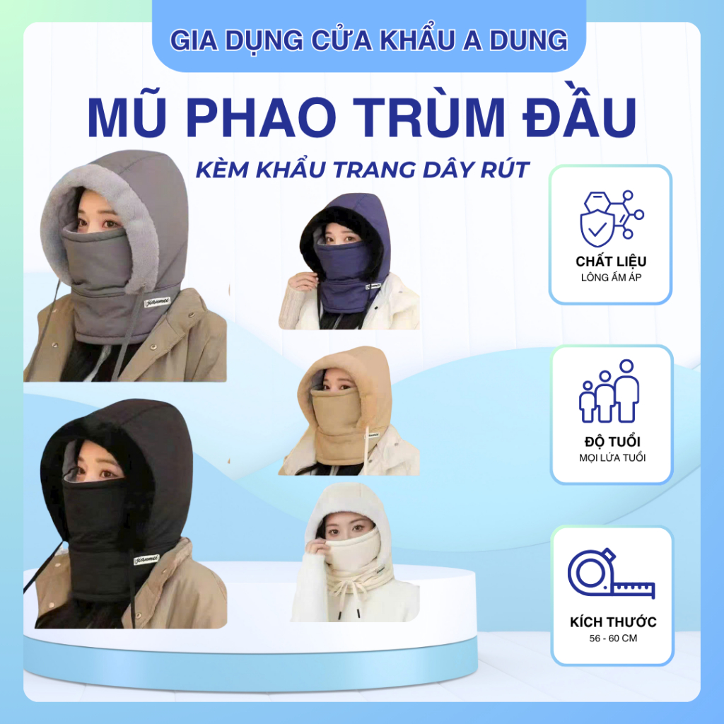 Mũ Phao Trùm Đầu Lót Lông 3IN1 Kèm Khẩu Trang Và Khăn Quàng Cổ Chống Gió Lạnh Nước Có Dây Rút