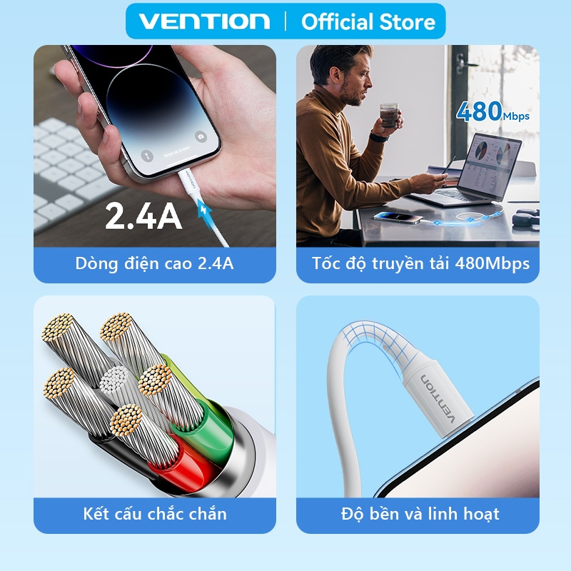 Cáp Sạc Nhanh 12W Vention USB-A Sang Light ,Sạc ổn định, Truyền Dữ Liệu nhanh,Dây dẻo bền